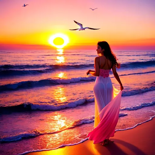 Prompt: Imagine a stunningly beautiful woman standing on the beach at sunset, with the golden rays of the sun illuminating her back. The ocean is calm, with gentle waves lapping at the shore, and seagulls flying overhead. The sky is a mix of pink, orange, and red hues, creating a mystical and otherworldly atmosphere.

The woman is barefoot, wearing a flowing white dress that moves with the sea breeze. Her hair is loose and cascades down her back in gentle waves, reflecting the colors of the sunset. She seems to be lost in thought, looking out into the distance with a serene expression on her face.

As you look closer, you notice that her eyes seem to have a certain sparkle to them, as if she has some kind of magical power. You can feel a sense of mystery and enchantment emanating from her, as if she holds some kind of ancient wisdom.

Create an image that captures the mystical beauty and otherworldly aura of this woman, emphasizing the enchantment of the setting and the sense of wisdom that she seems to possess.