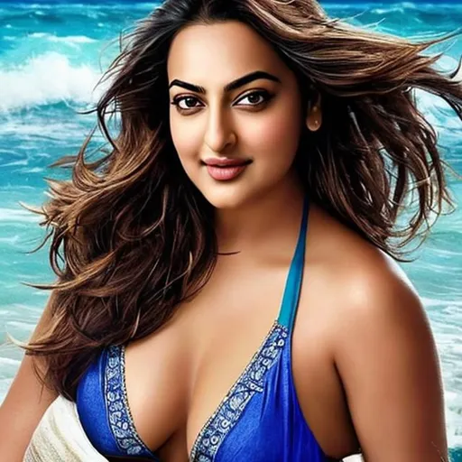 Prompt: Relaxing in the sea beach , sitting, side glance , .Detail face, extremely beautiful girl wearing  bikini, nose ring body type skinny. . Sonakshi Sinha . (Full body)  . Hyper realistic photo, full 