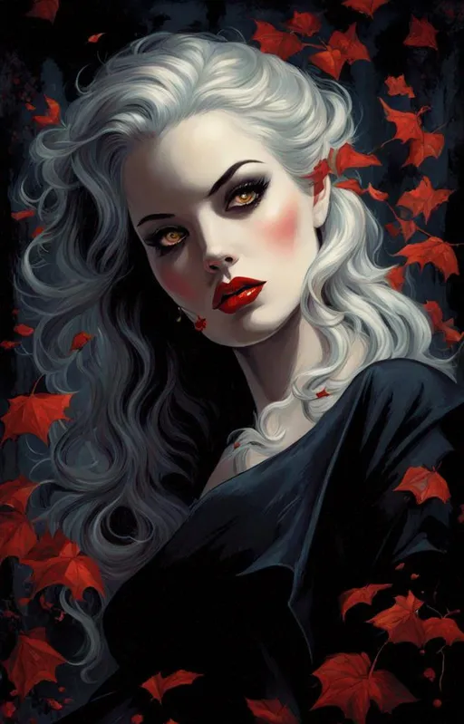 Prompt: detailed illustration by Gil Elvgren of beautiful vampire woman. Ruby Lips. Eyes. Youthful. Pale skin. Long black flowing hair. Arboreal setting. 