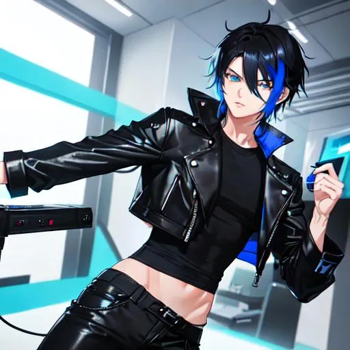 Prompt: Tetsu 1male. Short black hair with vibrant streaks of electric blue, that gives off an eye-catching look. Soft and mesmerizing blue eyes. Wearing a black leather jacket with a dark gray t-shirt underneath that adds a subtle contrast to the outfit. Cool and edgy, black skinny jeans. Holding a camera. UHD, 8K, photography equipment in the background. At a photoshoot. Taking a picture