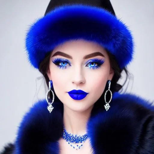 Prompt: Tudor Dixon, soldier, blue lipstick, snowy beach, blue heart necklaces, Thick blue fur coat, Black Cape, pleasant face, blue eyes, Black-purple eyeshadow, long ice earrings. Cold color scheme, ultradetailed, 8k resolution, perfect, smooth, high quality, shiny. 