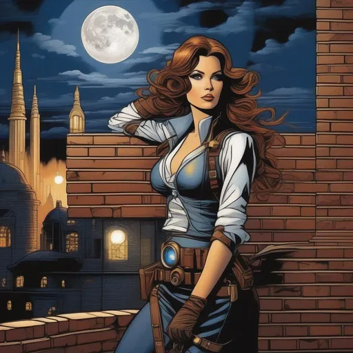 Prompt: comic book style, star wars, a female steampunk artist painting the wall, brick wall as background, Full-body portrait, detailed beautiful eyes, epic full moon in background, urban city, windy with clouds, 8k, dim lighting, by Al Williamson