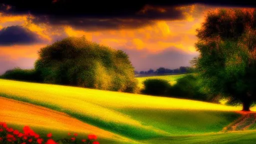 Prompt: art, scenery, oil color masterpiece,

outside, fields, clearing, few flowers, near trees,

afternoon, evening, low light, twilight, clouds,
