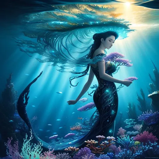 Prompt: painting of a water spirit, deep ocean, seaweed, an intricate and hyperdetailed matte painting by Ekaterina Savic, yoshitaka amano, fantasy art, movie poster, celestial, vaporwave, ethereal, sun rays, fireflies, lighting 8k