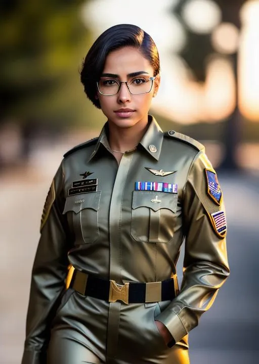 Prompt: A young beautiful army,20 years old america latin female,elegant short hair,pretty eyes,glossy lips,army suit,wearing glasses,focus,cool pose,cinematic lighting,golden hour photography,army base,64k,UHD,highly realistic,ultra realistic,dynamic potrait,cinematic,photorealistic,