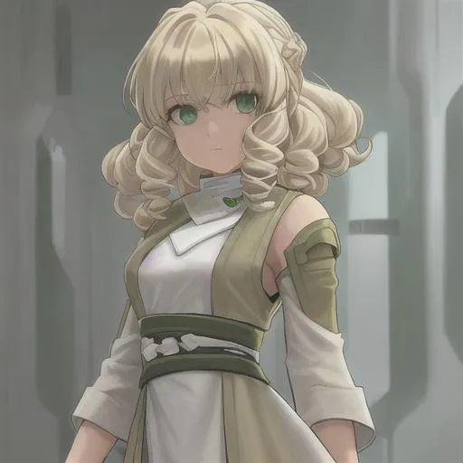 Prompt: jedi girl with blonde curly hair,white clothes and green eyes  from star wars