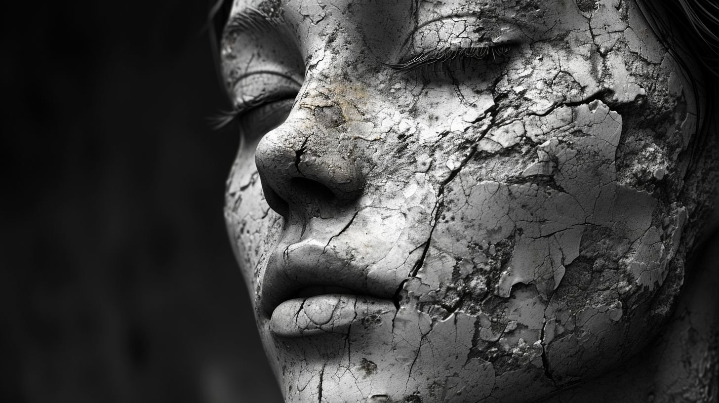 Prompt: Wide image of a 3D-reconstructed woman's face using fractal techniques. The portrayal is steeped in the essence of melancholic symbolism. The face resembles cracked stone sculptures, assembled from puzzle-like segments. The artwork conveys humanistic empathy in a stark black and white palette, with elements appearing slumped or draped.