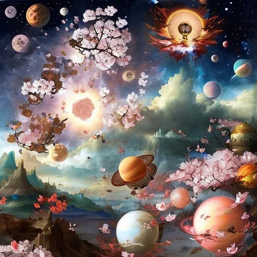 Prompt: Cd cover = depicting deep space and cherry blossoms in micheal angelo painting style

 in the background 