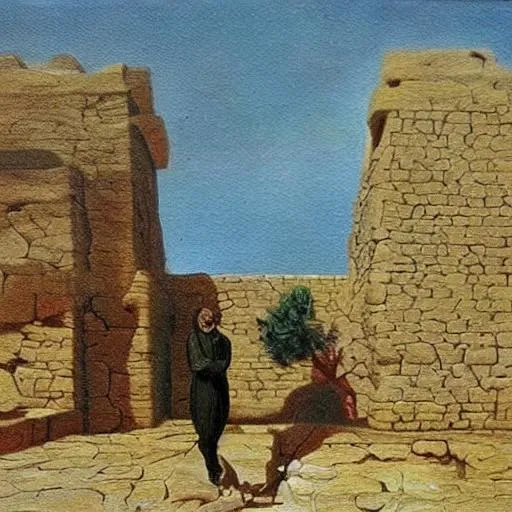 Prompt: Philosophy walking in Israel 300years ago sunny day he need water oily painting like dali 