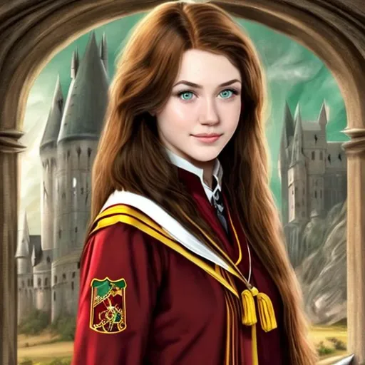 Prompt: brown-haired, green-eyed beautiful woman as a Gryffindor student at Hogwarts