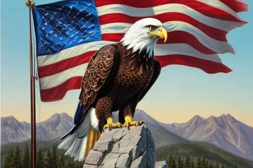 Prompt: Photo realistic color drawing of an eagle with the American flag behind it.  Mountains. Proud, majestic.