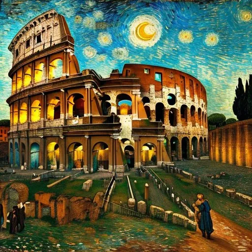 Prompt:  A photograph of a Colisseum of Rome in Italy with the style of a Van Gogh painting