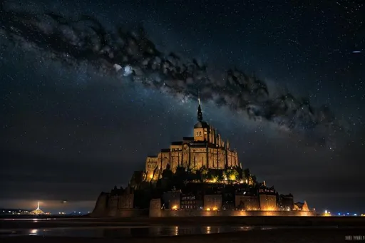 Prompt: Mont Saint-Michel, dark night sky with milky way, 

long shot scenic professional photograph of the starry sky, perfect viewpoint, highly detailed, wide-angle lens, hyper realistic, with dramatic sky, polarizing filter, natural lighting, vivid colors, everything in sharp focus, HDR, UHD, 64K