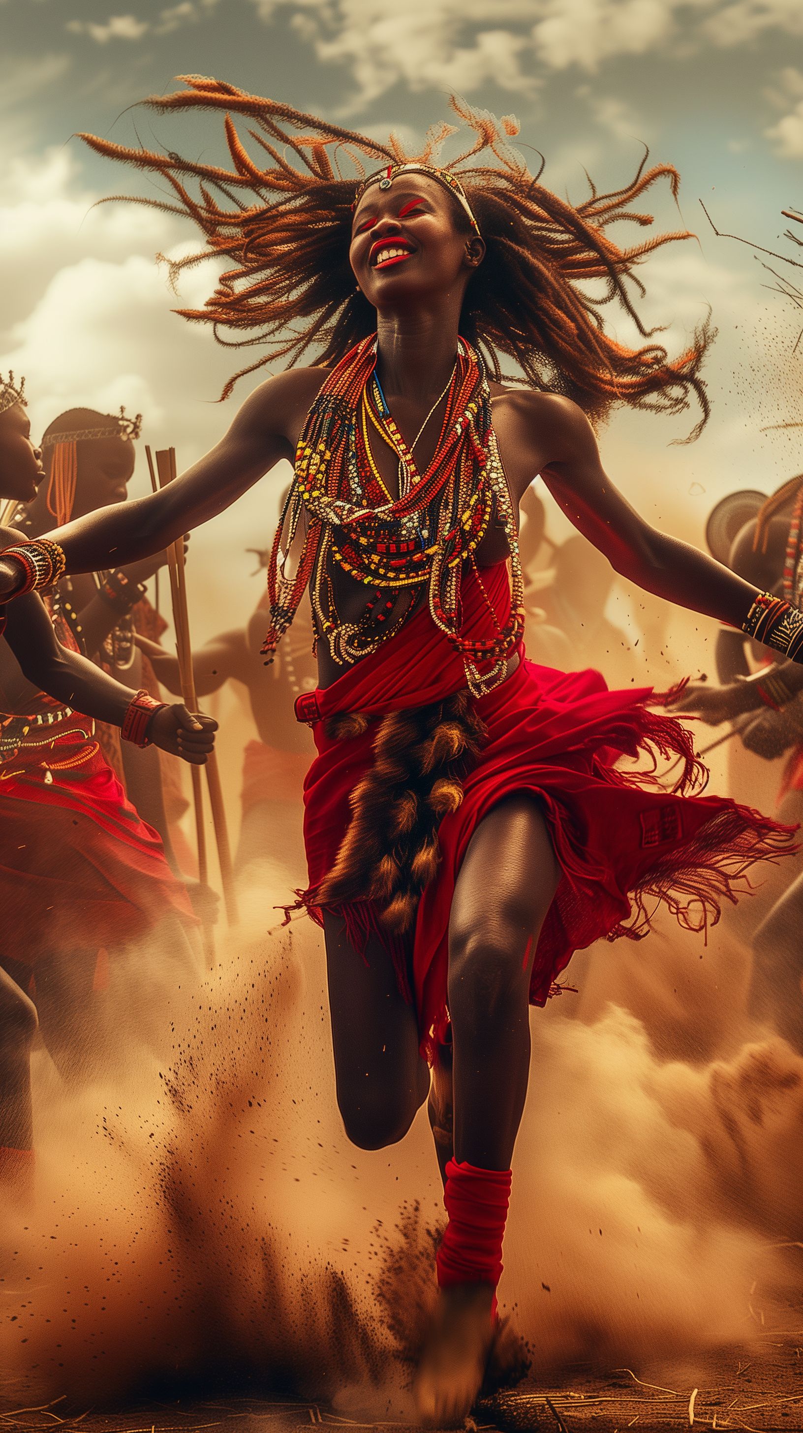 Prompt: attractive dark skin warrior women, tribe from africa, red cloth clothing with beads, peircing eyes, national geographic cover, joyful and dancing with reeds on there ankles, making a cloud of dust around them as they stamp hard on the ground --ar 9:16 --c 2 --v 6.0 