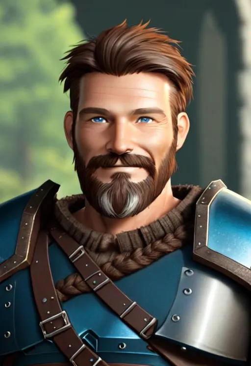 Prompt: Digital Art, 40-year-old viking man, brown hair, medium length wavy hair, subtle smile, a couple of wrinkles short trimmed beard, short trimmed mustache, brown eyes, blue gear, yellow armor, unreal engine 8k octane, 3d lighting, full body, full armor