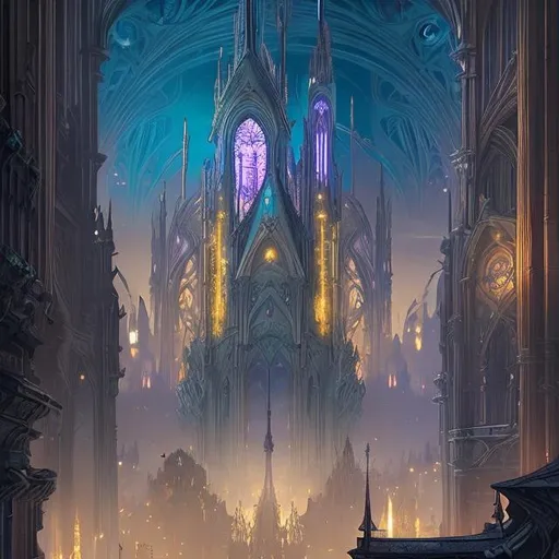 Prompt: extreme long shot concept art depicted art nouveau fantasy city, holy cathedrale, light fantasy, arcanepunk, arcane yellow and silver glow, dark ambiance, art by Cédric Peyravernay and Jules Lavirotte