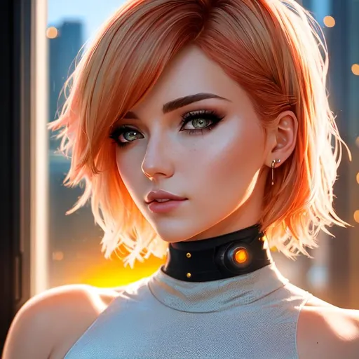 Prompt: portrait photo, 21 years old, short 
asymmetric hair cut, blonde with redhead highlights, cyberpunk aesthetic, heavenly beauty, 8k, 50mm, f/1. 4, high detail, sharp focus, cowboy shot, perfect anatomy, arms behind back, sunshine on her face, sunset, window side, Carne Griffiths, Conrad Roset, highly detailed, detailed and high quality background, oil painting, digital painting, Trending on artstation , UHD, 128K, quality, Big Eyes, artgerm, highest quality stylized character concept masterpiece, award winning digital 3d, hyper-realistic, intricate, 128K, UHD, HDR, image of a gorgeous, beautiful, dirty, highly detailed face, hyper-realistic facial features, cinematic 3D volumetric, illustration by Marc Simonetti, Carne Griffiths, Conrad Roset, 3D anime girl, Full HD render + immense detail + dramatic lighting + well lit + fine | ultra - detailed realism, full body art, lighting, high - quality, engraved | highly detailed |digital painting, artstation, concept art, smooth, sharp focus, Nostalgic, concept art,