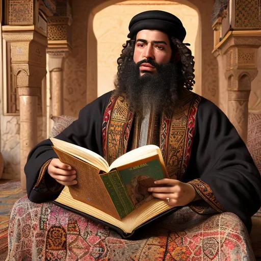 Prompt: a  detailed   4k portrait oil  painting renaissance style   of a mixed race arab amazigh moroccan scholar lightskin  and curly haired with medium black beard and oval masculine face wearing moroccan traditional clothes from the 14th century in the golden age of islam reading his book in  a house in the atlas mountains where zayan amazigh tribes live
