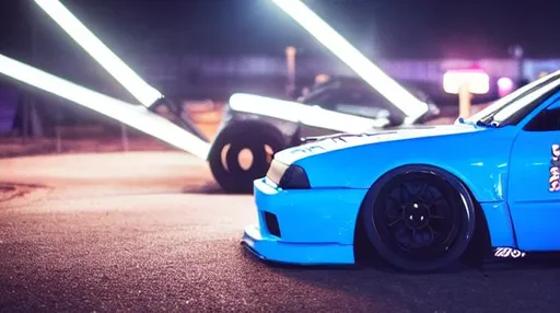 Prompt: drift car drifting around a tire stack 4k night time neon