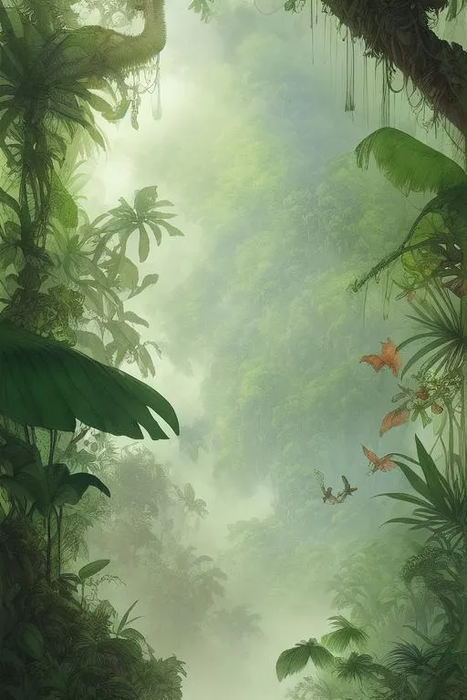 Prompt: "Beautiful misty tropical jungle, watercolor by Jean Baptiste Monge, Hergé, Erin Hanson, Arthur Rackham, cinematic intricately designed, Intricate digital detail; 16K Octane Render photorealism sharp focus clear contrast beautiful light shadows."