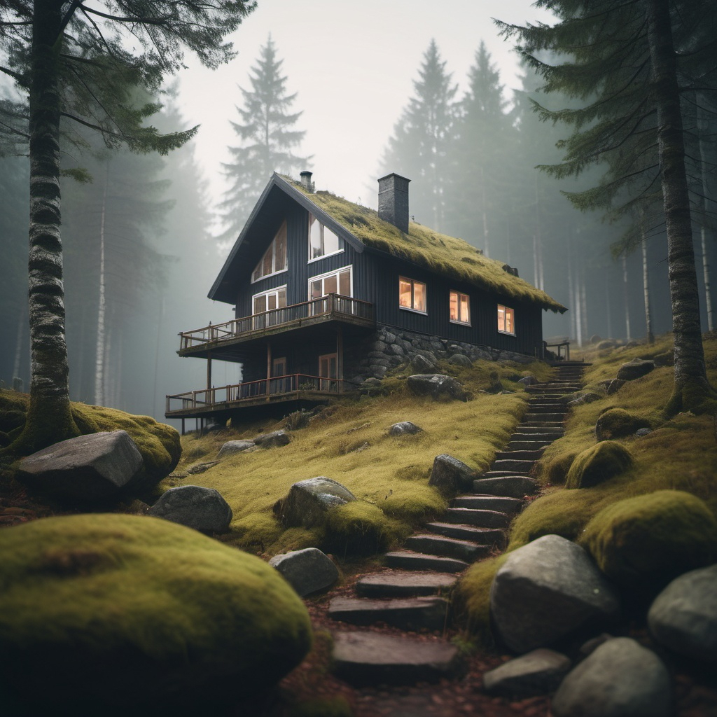 a forrest house in the middle of the scandinavian fo...