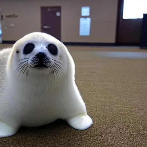 Prompt: baby harp seal at a school, photorealistic