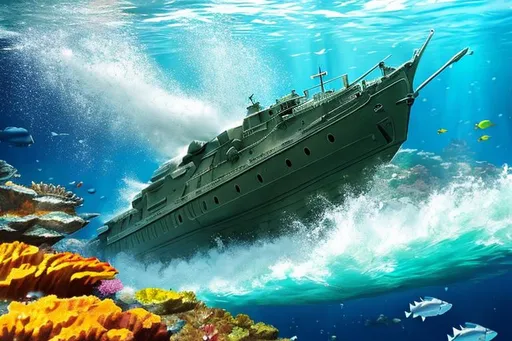 Prompt: army fighting Atlantis underwater mid-battle.