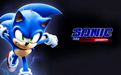 Prompt: sonic corriendo con rayos supersonicos y con el logo de la pelicula