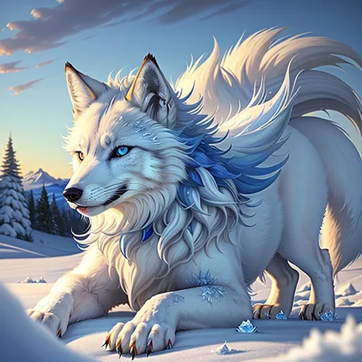 Prompt: (masterpiece, professional oil painting, epic digital art, hyper detailed, best quality:1.5), white ((fox-wolf)), (canine quadruped), female, adolescent, ice elemental, deep blue fur covered in frost, bashful hypnotic sapphire blue eyes, 8k eyes, sprawled on frosted field, extremely beautiful, thick billowing silver mane covered in frost, (plump:2), Anne Stokes, mid close up, close up, kitsune, presenting magical jewel, detailed smiling face, finely detailed fur, hyper detailed fur, (soft silky intricately detailed fur), grassy field covered in frost, fluffy fox ears, cool colors, beaming sun, professional, symmetric, golden ratio, unreal engine, depth, volumetric lighting, rich oil medium, (brilliant auroras), (ice storm), full body focus, beautifully detailed background, cinematic, 64K, UHD, intricate detail, high quality, high detail, masterpiece, intricate facial detail, high quality, detailed face, intricate quality, intricate eye detail, highly detailed, high resolution scan, intricate detailed, highly detailed face, very detailed, high resolution
