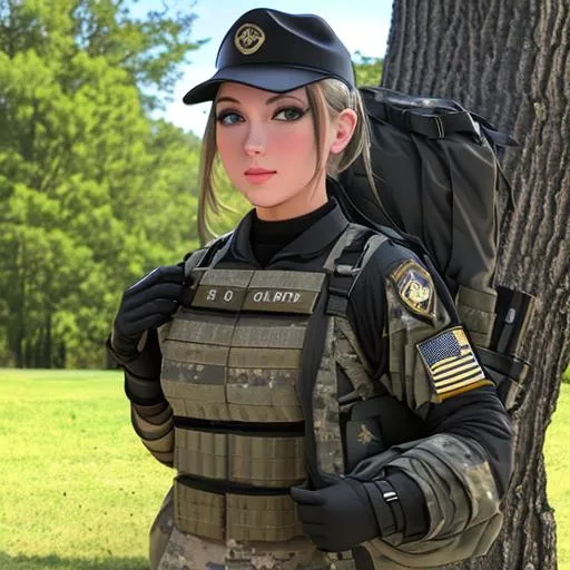 Prompt: taylor ann-joy, military soldier, infantry, black and gold uniform, special forces, tactical, heavy ruck sack, scifi

