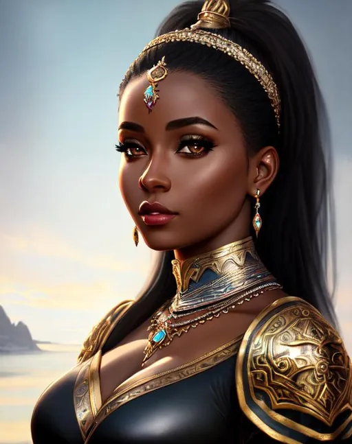 Prompt: UHD, 8k, high quality, ultra quality, cinematic lighting, special effects, hyper realism, hyper realistic, Very detailed, high detailed face, high detailed eyes, medieval, fantasy, woman, black skin, gorgeous, cute, thick girl, oil painting, warrior, armor