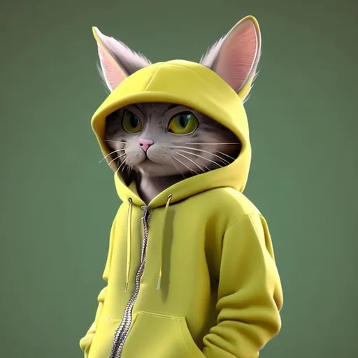 Prompt: Anthro yellow cat wearing a green hoodie