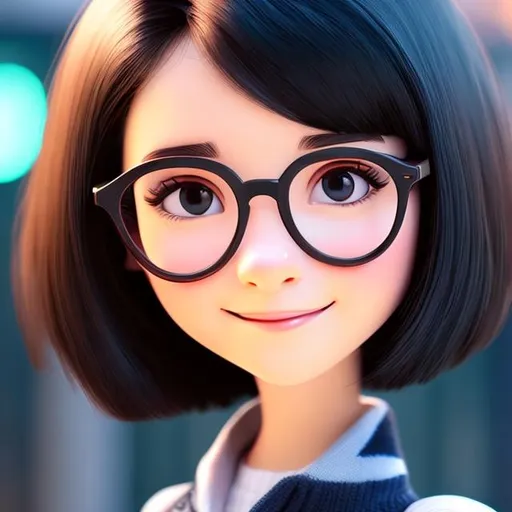 Prompt: Disney, Pixar art style, CGI, thin pale girl, with big black puppy dog bangs and short black hair, dark thin eyes, big round glasses