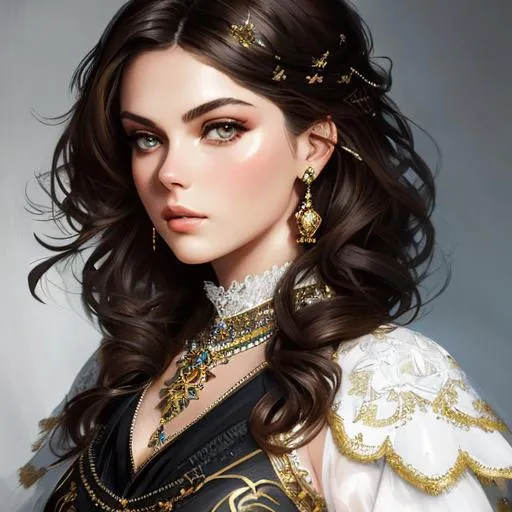 Prompt: Intricately detailed head and shoulders portrait of beautiful girl, Julia Voth Camren Bicondova, By David Kassan, By Ruan Jia, Cover art, maximalism, delicate, Oil painting, long hair, dress