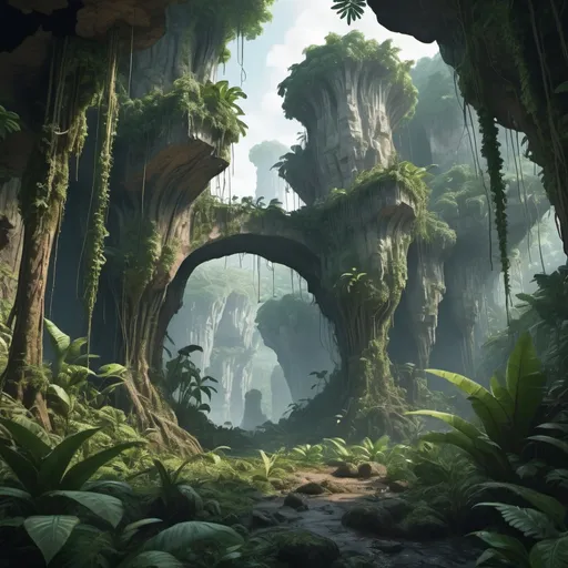 Prompt: High fantasy jungle forest with caves and cliffs, trees with very long leaves and vines falling in the void, Insanely Detailed, Award Winning, Trending on Artstation, 8k, UHD