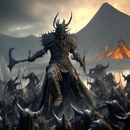 Prompt: realistic photo of dreadful Witch-king of Angmar, surrounded by Fearsomee Wargs, volcano background, 4k, highly detailed, intricate details, 