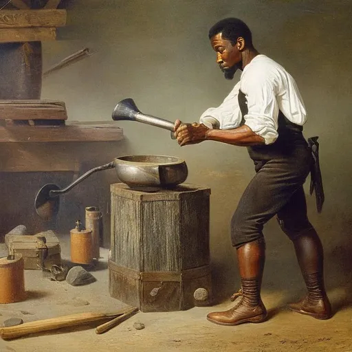 Prompt: An African American blacksmith, striking an anvil with a hammer, 1830. highly detailed, photorealism, full color illustration, f 8.0, 28 mm, adolph menzel, james gurney, norman rockwell