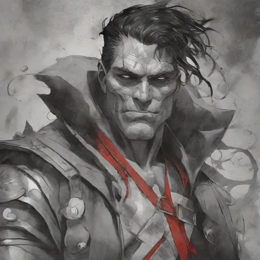 Prompt: Tall, Intimidating, Large, male, Solomon Grundy/goliath D&D build, black hair,  very dark grey scarred skin, covered in bandages, dark tattered cloth armor exposes his midriff, hood of magical darkness that completely shrouds his face with a mask of darkness, large red gem between pecs in chest, Path of the Zealot Barbarian, Strong, wielding large two-handed great-axe, Fantasy setting, D&D, Dead clerics around him, undead, zombie