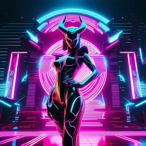 Prompt: a beautiful female demon in a dynamic pose in a retro futuristic synthwave cyberpunk neon paradise.  neon lighting, high quality, beautiful, synthwave, cyber, retro, futuristic