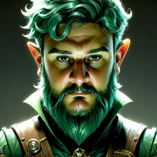 Prompt: dungeons and dragons fantasy art halfling male artificer with dark green hair workshop tinkerer