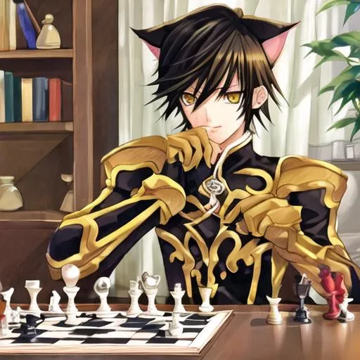 Prompt: Cat boy playing chess