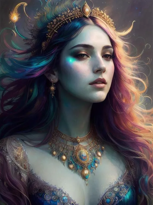 Prompt: portrait of sorceress in peacock feathers | art by: yuumei, agnes cecile, tom bagshaw, anna dittmann, tetsuya nomura, erol otus, alphonse mucha |symmetrical face, accurate anatomy, hyper-detailed, 8k resolution, storybook illustration, aurora, ethereal, radiant, moonscape, kintsuji, watercolor washes, sun rays, diffused reflection, ripples in water, 8k