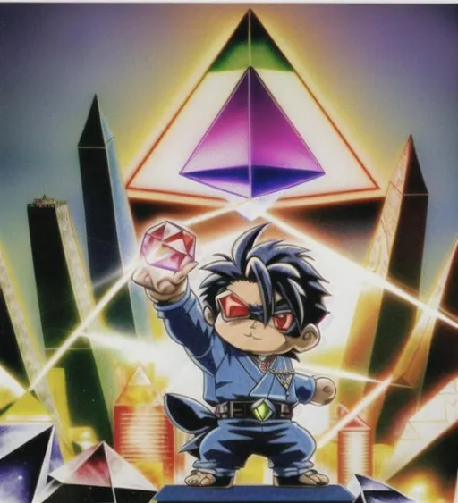 Prompt: cool, character boy mascot, chibi, holding faceted gem stone, advertisement, scan lines, retro, tokyo, 80s Illuminati, pyramid eye, symmetrical face, urban city in background