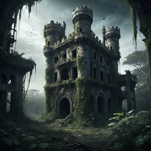 Prompt: An abandoned castle deep in the jungle, high resolution, ultra detailed, sci-fi, abandoned, desolate, futuristic, rusted metal, eerie atmosphere, haunting, overgrown with vines, decaying structure, dark and sinister, dramatic lighting, cold tones, space junk, post-apocalyptic, science fiction illustration