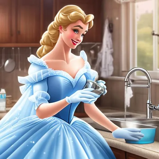 Prompt: A beautiful cinderella with her dress is washing the dishes