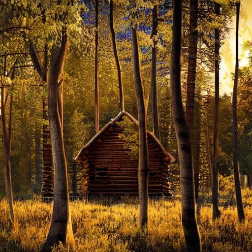 Prompt: A lone and solitary wood cabin in the woods during a beautiful sunset, with deciduous trees surrounding it at all sides. Hyperrealistic, intricatly detailed, Anime styled.