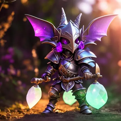 Prompt: Goblin, pots and pans armor, fantsy, playful, knight, adventure, outside background, purple skin, small, long ears, long nose, crystals, gems, magic, glow