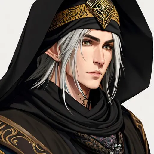 Prompt: A highly realistic and extremely detailed face full body portrait of an 18 year old stripling elf male character from Warcraft. Wearing a black cloak over his vagabond samurai kimono that he wears under and also wearing an intricate patterned bandana on his head and wearing a Cotton Shemagh Tactical Desert Scarf Wrapped on his neck. The character should be modeled after an fantastical Ronin young prince with handsome long, messy, and wavy silvery black hair, thin arched eyebrows, and striking golden eyes. The artwork should be created in either 4K or 16K resolution and should be of photo realistic quality."
((Width: 512)), ((Height: 627)))