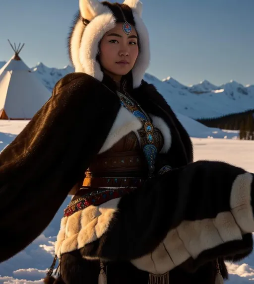 Prompt: A beautiful  shaman yakut hairy girl  , standing with wolf  with armor , fair Snowy landscape with tipis ,  , thigh visible, legs visible, cleavage and navel visible, symmetrical face, 