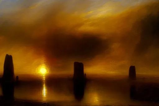 Prompt: A moody scene oil painting in the style of Turner, a circle of ancient monolithic standing stones at sunset, large mountains in background, swirling clouds, 8k, highly detailed